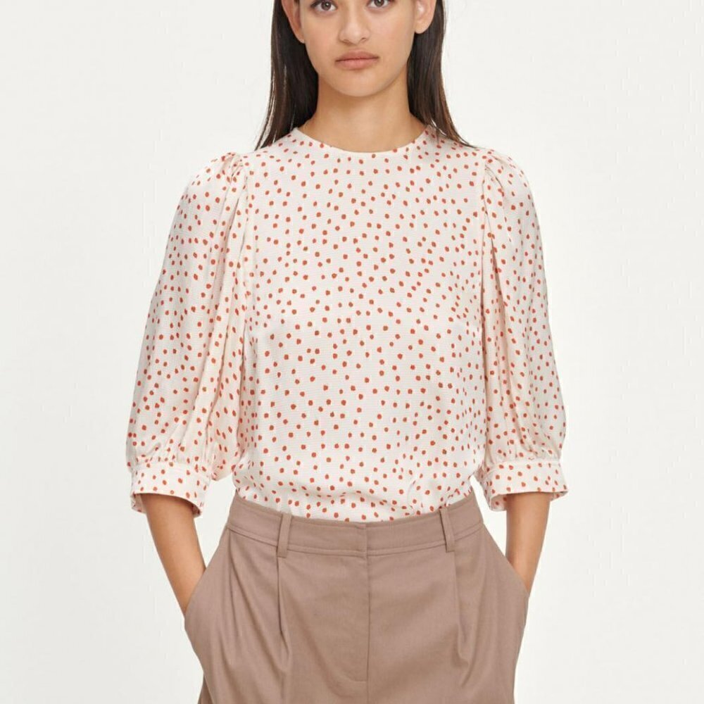Samsoe Samsoe | Celestina Blouse Aop Pearl Drops Puff Sleeve Popover Top Size XS - Picture 2 of 11